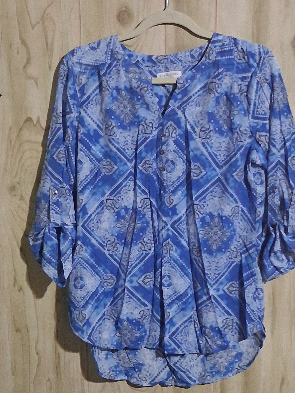 Kim Rogers Petite Blue Printed V‑Neck Pleated Women’s Blouse